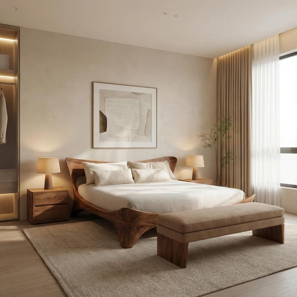 Teezano Organic Handcrafted Bed Frame, Solid Wood Platform Bed with Headboard for Contemporary Bedroom, RTTHHNWO011