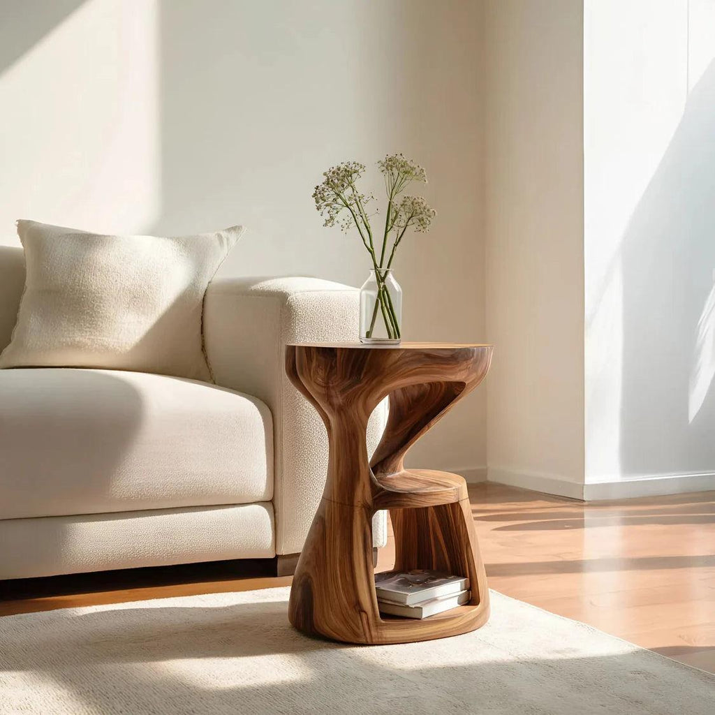 Modern Sculptural Side Table, Handcrafted Solid Wood End Table & Nightstand for Living Room Lounge, Model