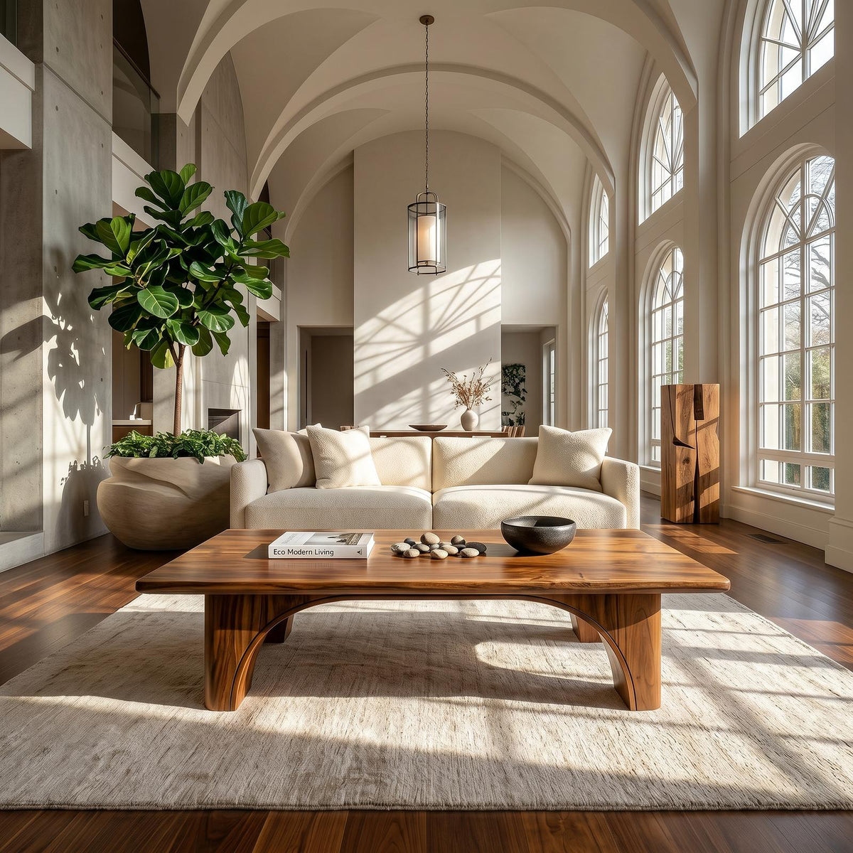 Arched Wood Coffee Table, Mid-Century Modern Curved Base Center Table for Garden Room and Living Room, Solid Wood