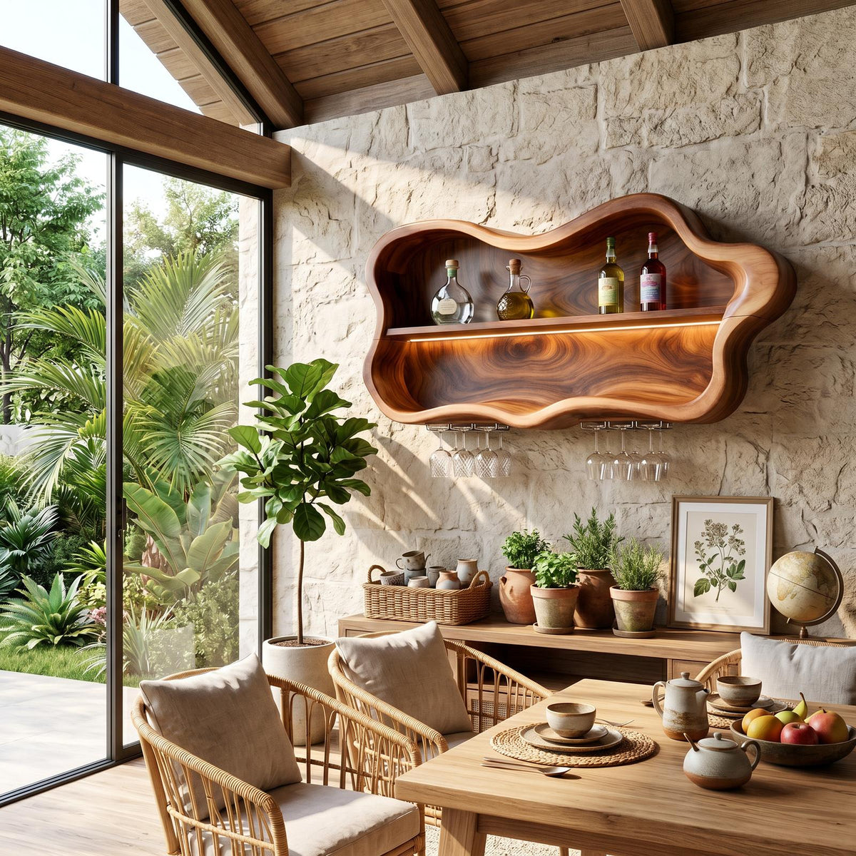 Modern Wood Wine Rack & Glass Holder, Solid Wooden Countertop Bottle Display Stand and Stemware Storage Hanger for Dining Area