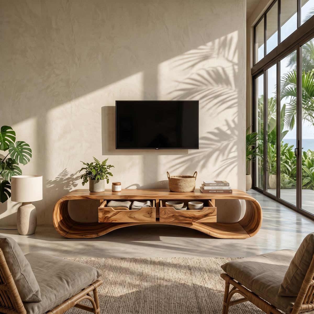 Modern Organic TV Cabinet, Solid Wood Media Console & Low Profile Entertainment Stand