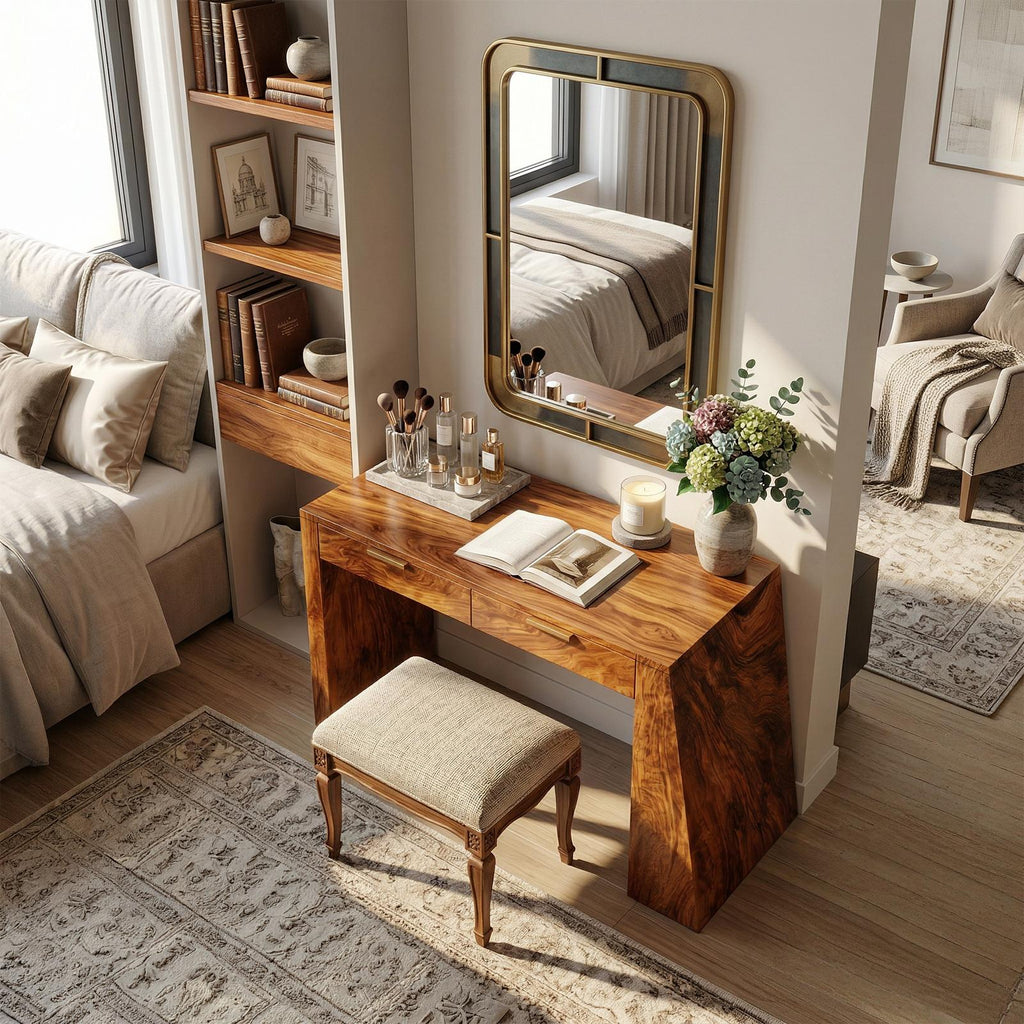 Spry Interior Industrial Makeup Vanity Desk with Mirror & Drawers, Handcrafted Wooden Dressing Table & Home Office Writing Desk, SILDTTRMV026