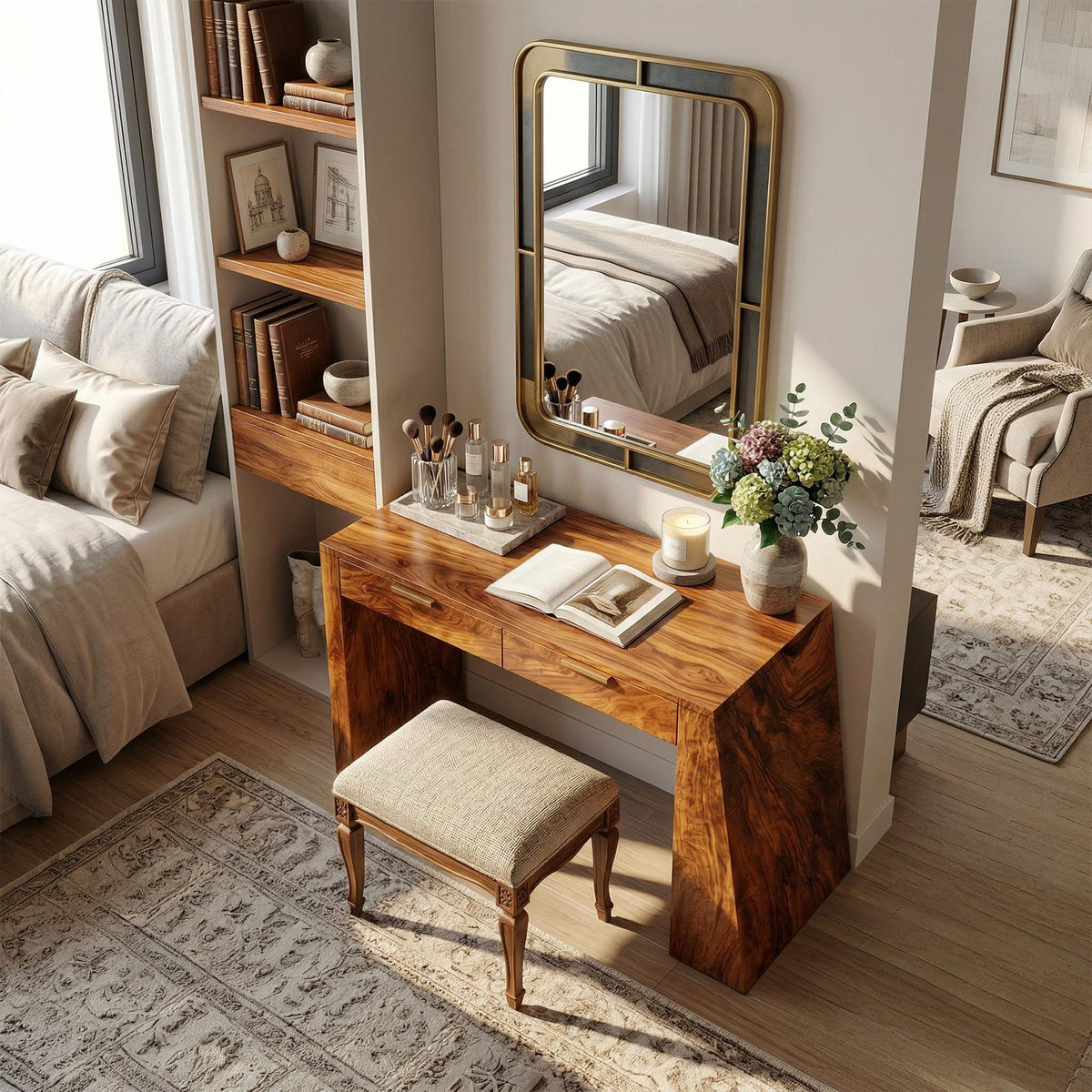 Spry Interior Industrial Makeup Vanity Desk with Mirror & Drawers, Handcrafted Wooden Dressing Table & Home Office Writing Desk, SILDTTRMV026