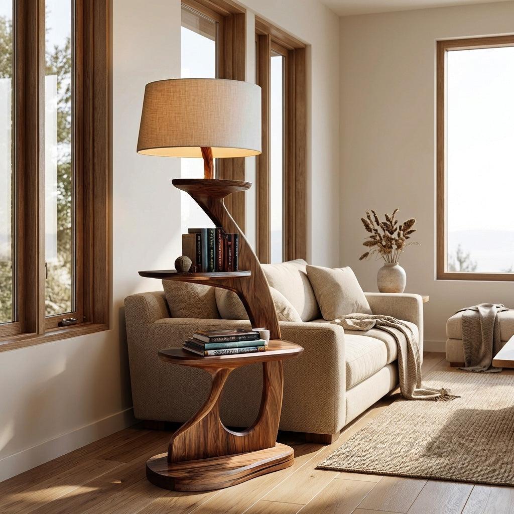 Modern Wooden Floor Lamp With 2-Tier Shelving Unit For Home
