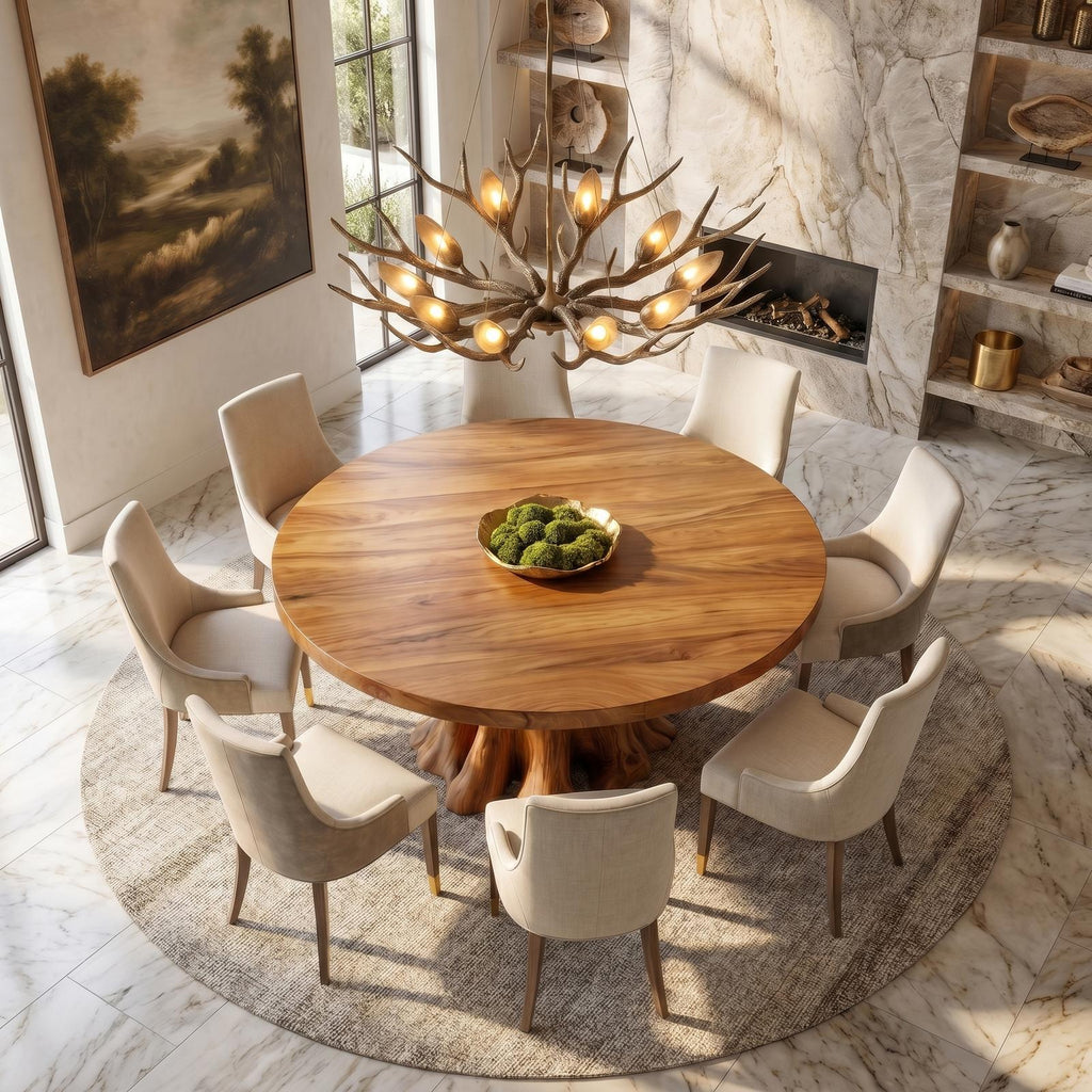 Rustic Round Dining Table With Solid Wood Sculptural Base For Dining Room