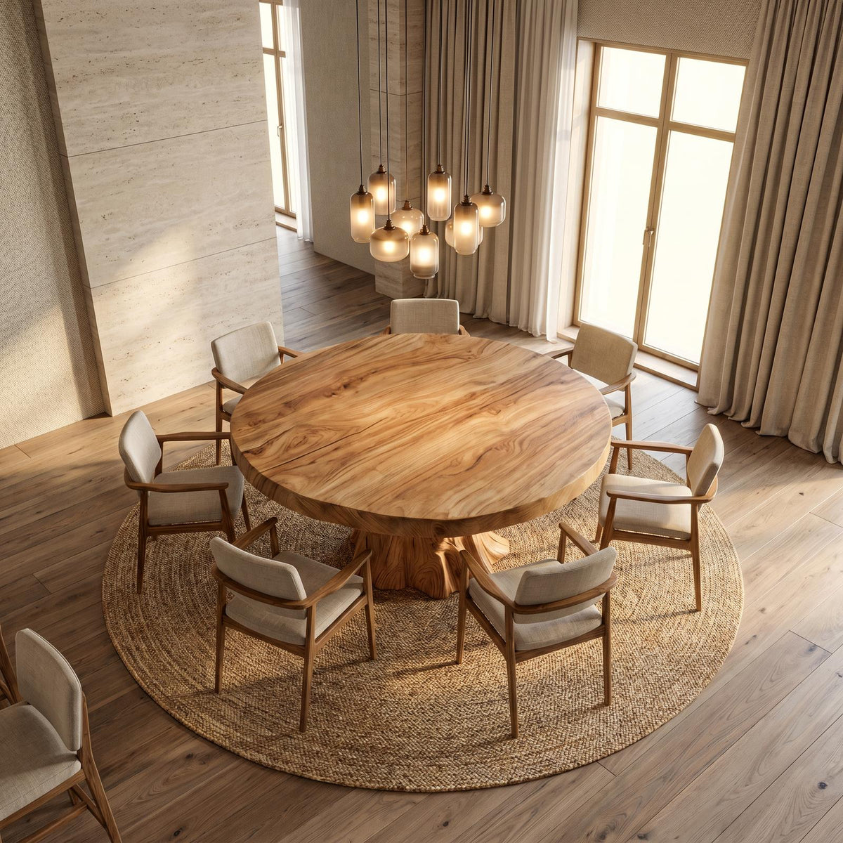 Spry Interior Rustic Modern Round Dining Table, Sculptural Solid Wood Base Kitchen & Dining Room Statement Table, SINLSADT179