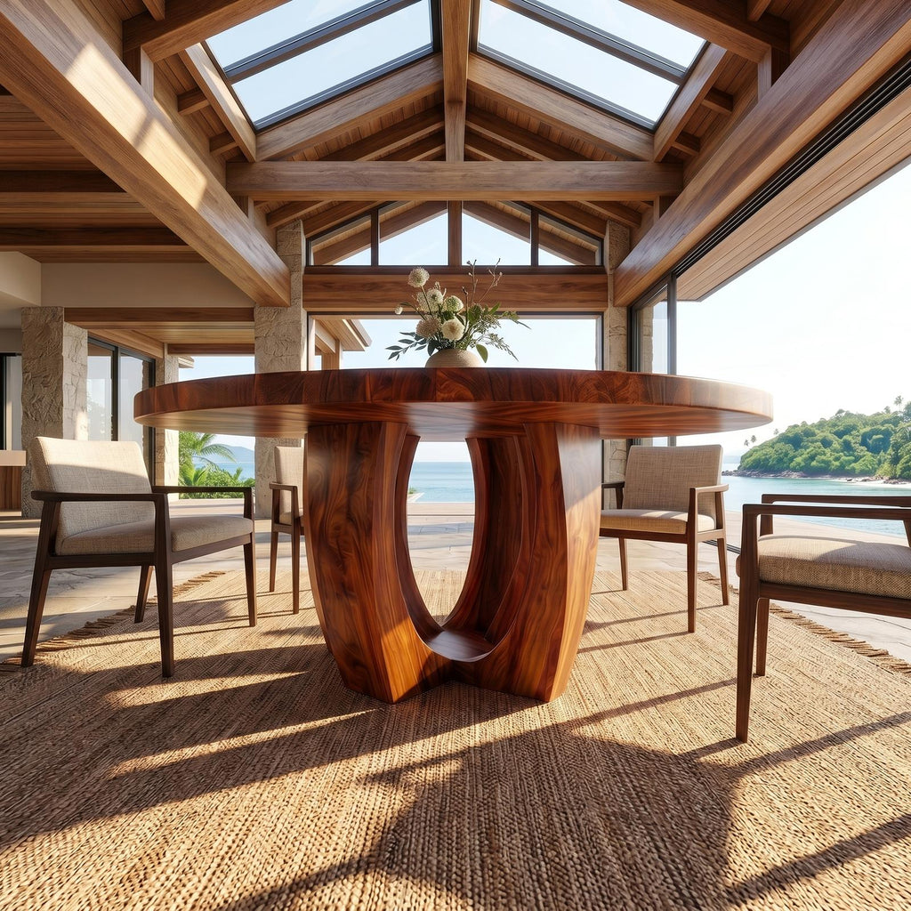Modern Round Dining Table with Sculptural Wood Base, Handcrafted Solid Wood Kitchen Dining Room Table