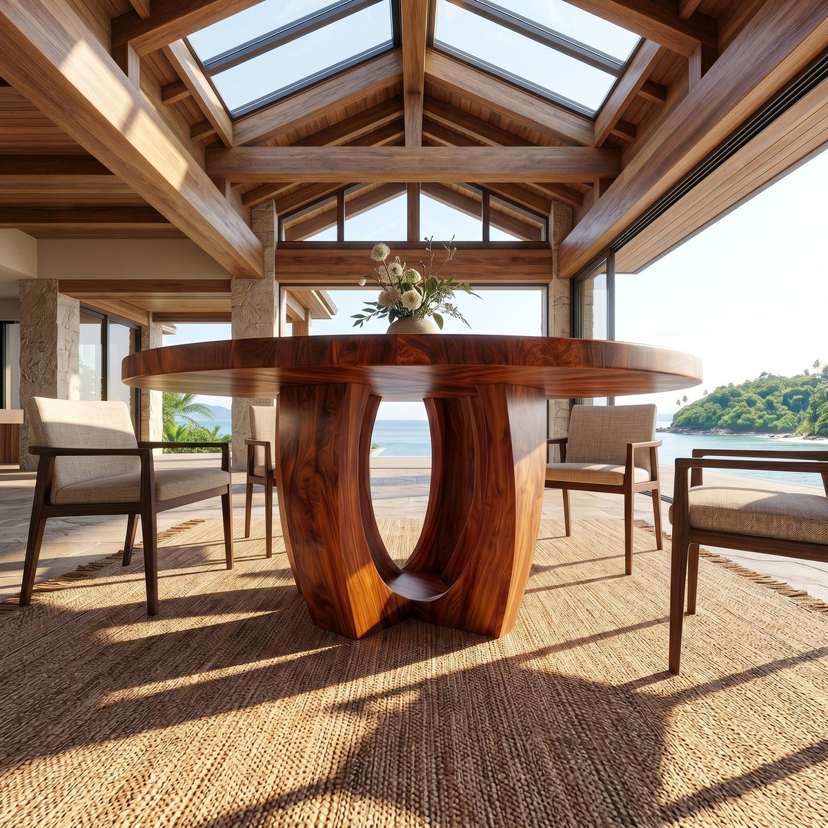 Modern Round Dining Table with Sculptural Wood Base, Handcrafted Solid Wood Kitchen Dining Room Table