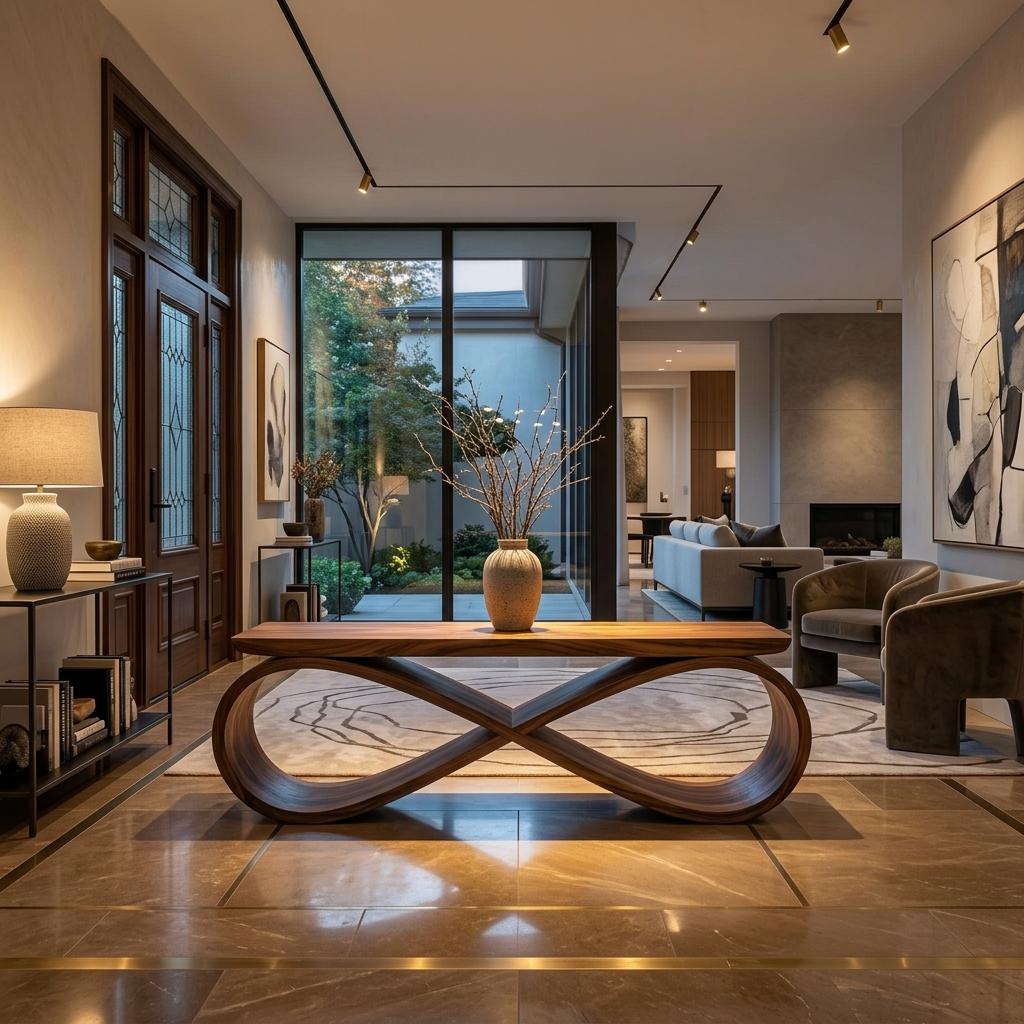 Infinity Loop Sculptural Bench, Contemporary Handcrafted Solid Wood Curved Bench Seat for Entryway & Living Room