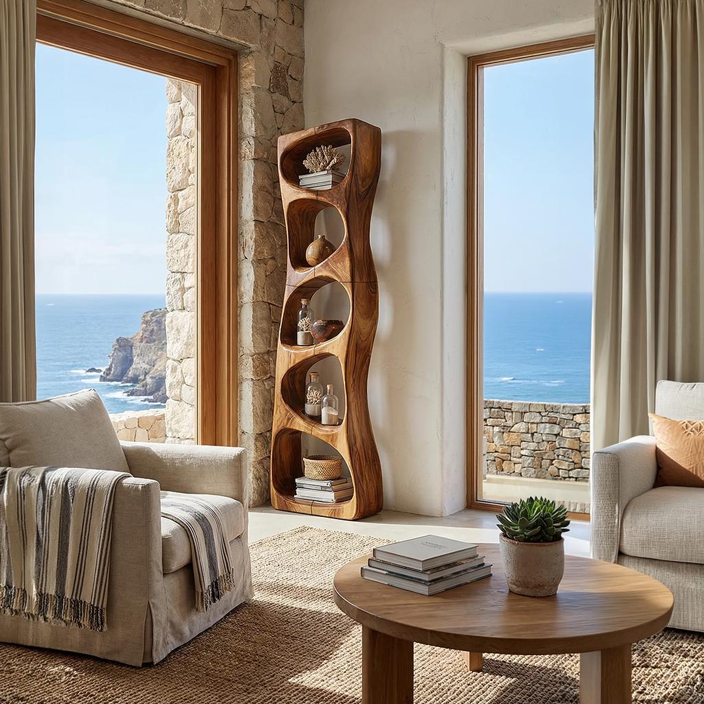 Minimalist Geometric Wood Bookshelf, Handcrafted Freestanding Book Rack Shelf for Entryway Storage Display