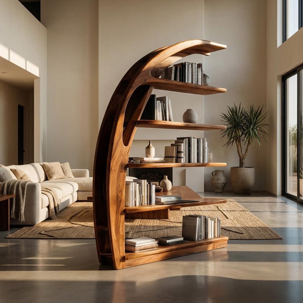 Minimal Curved Wooden Bookshelf, Handcrafted Solid Wood Bookcase for Modern Living Room Display & Office