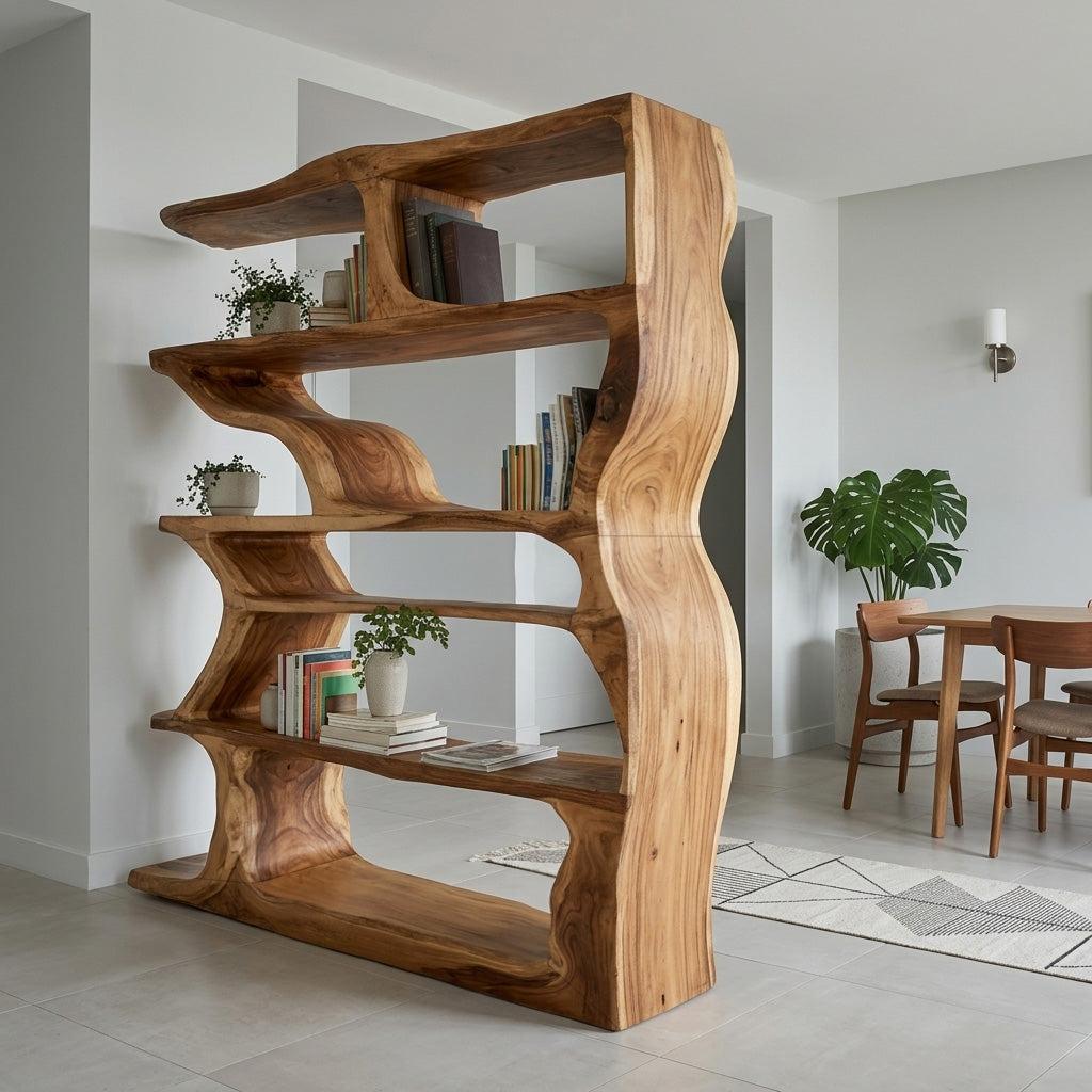 Contemporary Artistic Wooden Bookshelf, Handcrafted Solid Wood Bookcase with Open Shelves for Living Room Storage