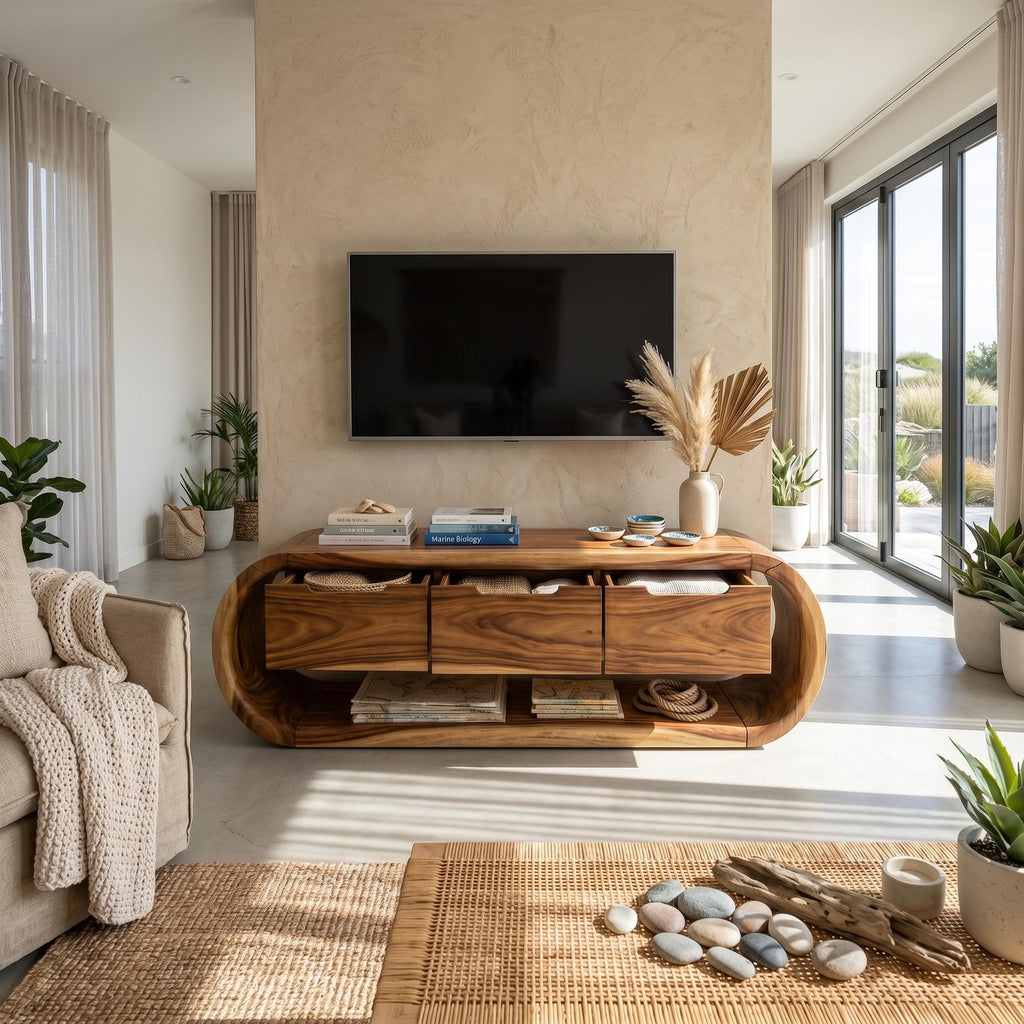 Coastal Greek Island TV Stand Console, Rustic White Santorini Style Solid Wood Media Center for Living Room