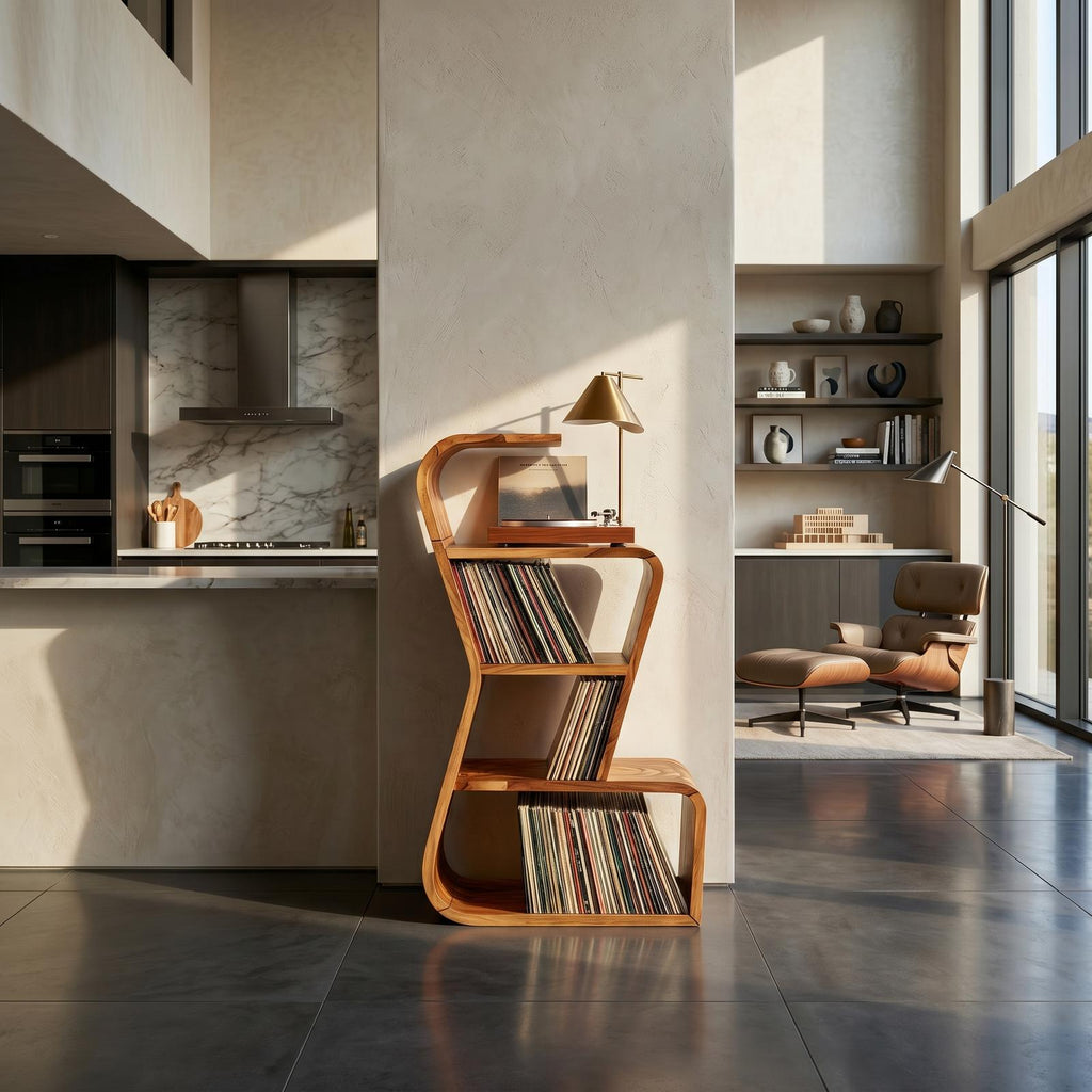 Modern Sculptural Wood Vinyl Record Stand, Handcrafted Premium Turntable Cabinet & LP Storage Rack, Model