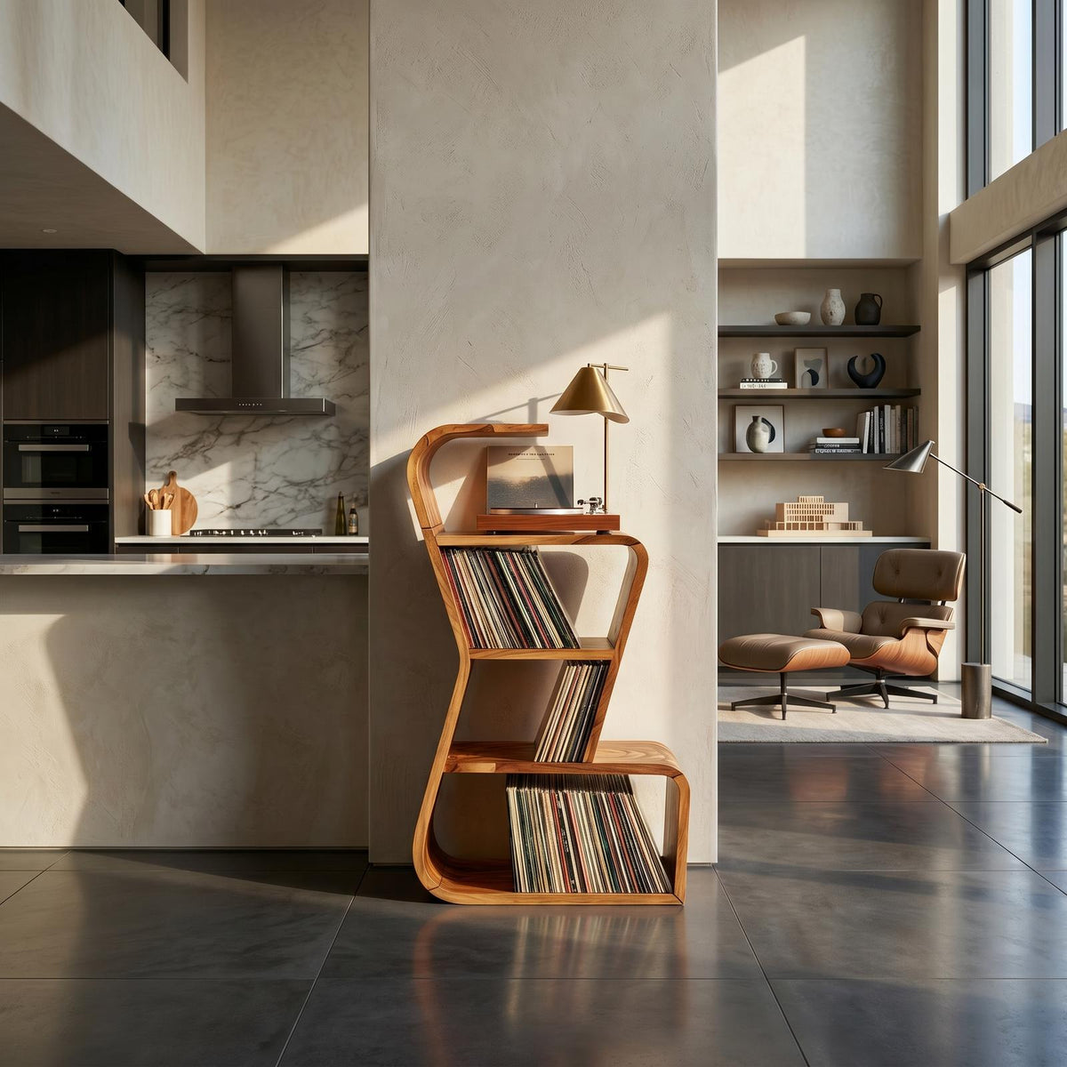 Modern Sculptural Wood Vinyl Record Stand, Handcrafted Premium Turntable Cabinet & LP Storage Rack, Model