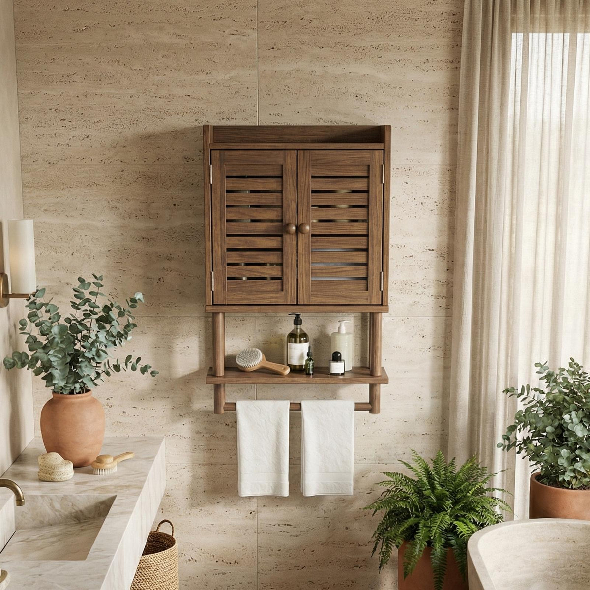 Solid Wood Bathroom Cabinet, Rustic Wall-Mounted Storage Organizer Cupboard for Bathroom Space
