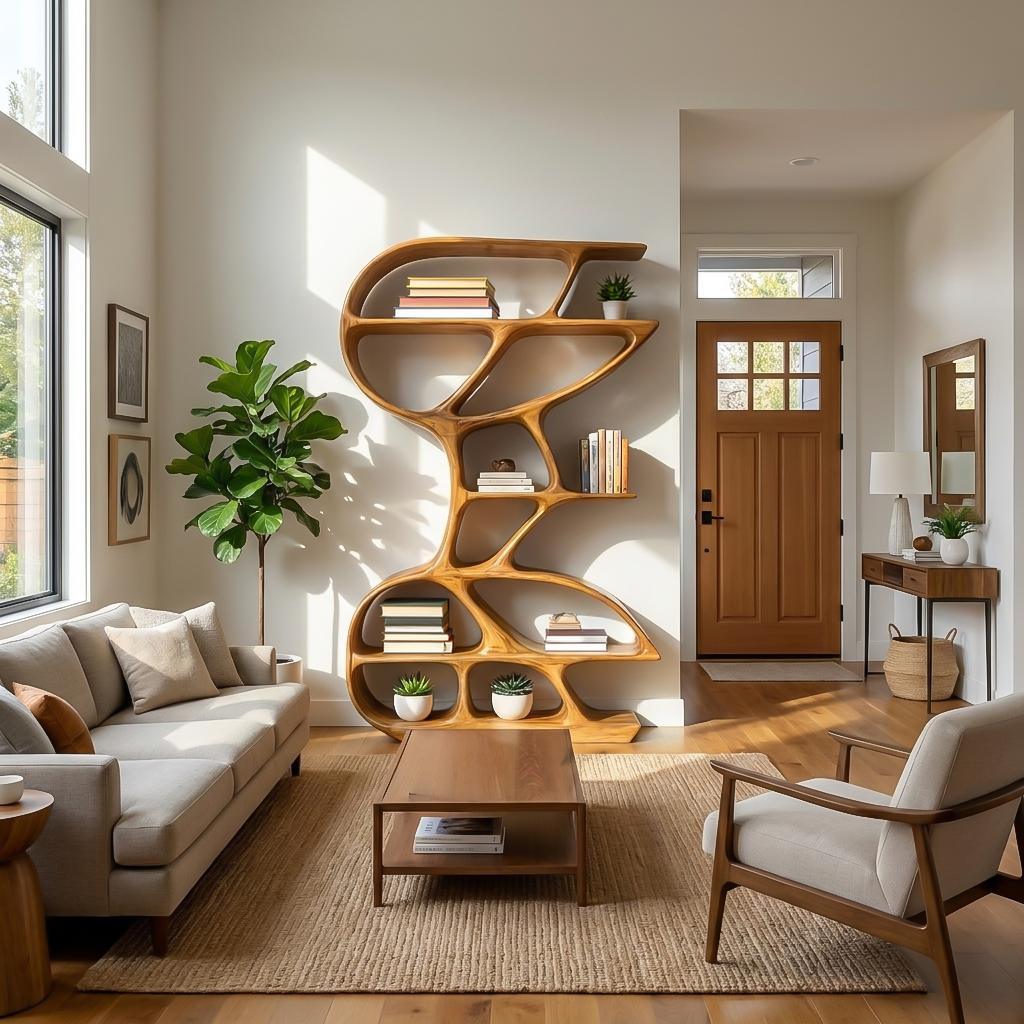 Wooden Bookshelf with Unique Sculptural Design, Handcrafted Solid Wood Bookcase for Modern Living Room & Office