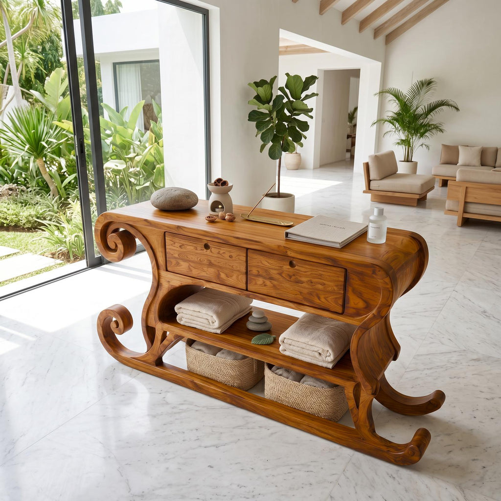 Rustic Christmas Console Table With Sleigh Inspired Scroll Design For Entryway SINLSACS684