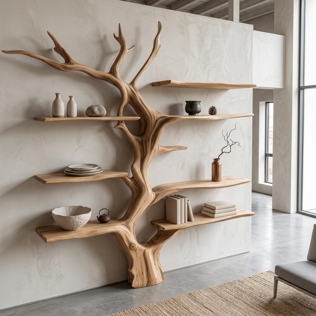 Sculptural Tree Bookcase Artistic Wooden Wall Shelf