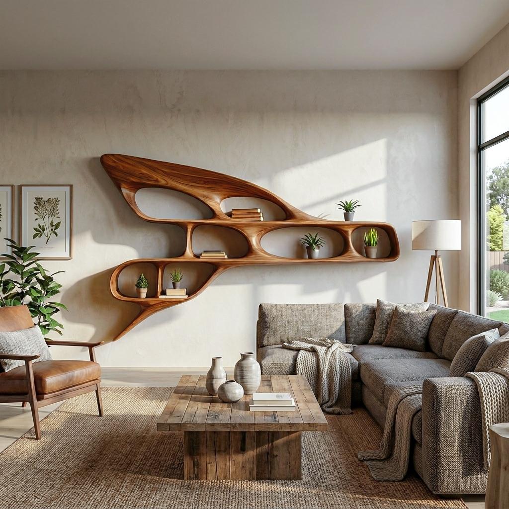 Organic Wooden Wall Bookshelf, Handcrafted Floating Wood Shelf Unit for Luxury Living Room & Office Interior
