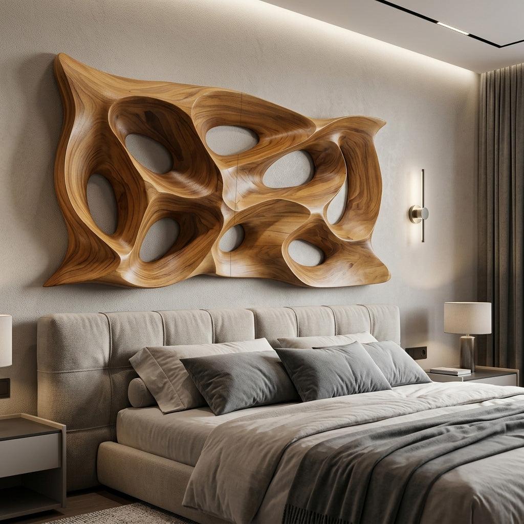 Modern Sculptural Wall Art, Abstract 3D Carved Wood Wall Sculpture Panel for Lounge & Living Room Decor