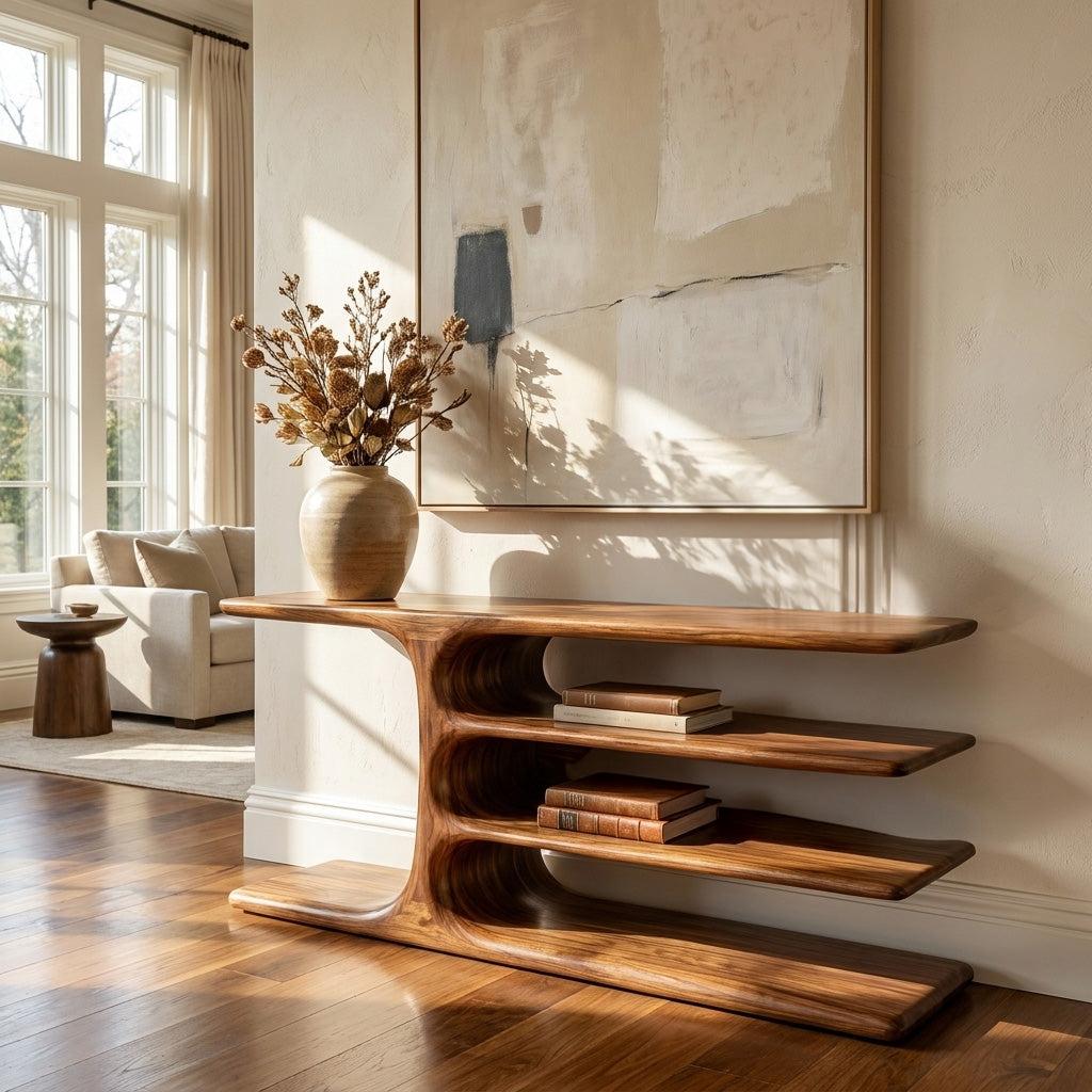 Organic Wooden Console Table with Layered Shelving, Handcrafted Entryway Table for Hallway & Living Room, Model