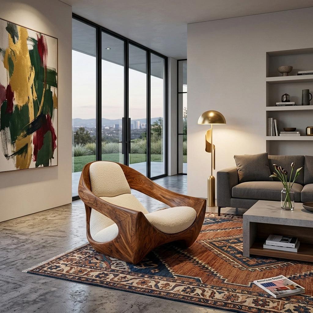 Spry Interior Artistic Natural Wood Accent Chair, Sculptural Handcrafted Solid Wood Lounge Armchair for Contemporary Living Room, Model RTTHHNCHR150