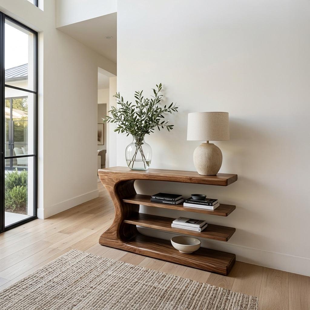 Artistic Natural Wood Console Table, Handcrafted Entryway Table for Minimalist Foyer & Living Room Interior, Model