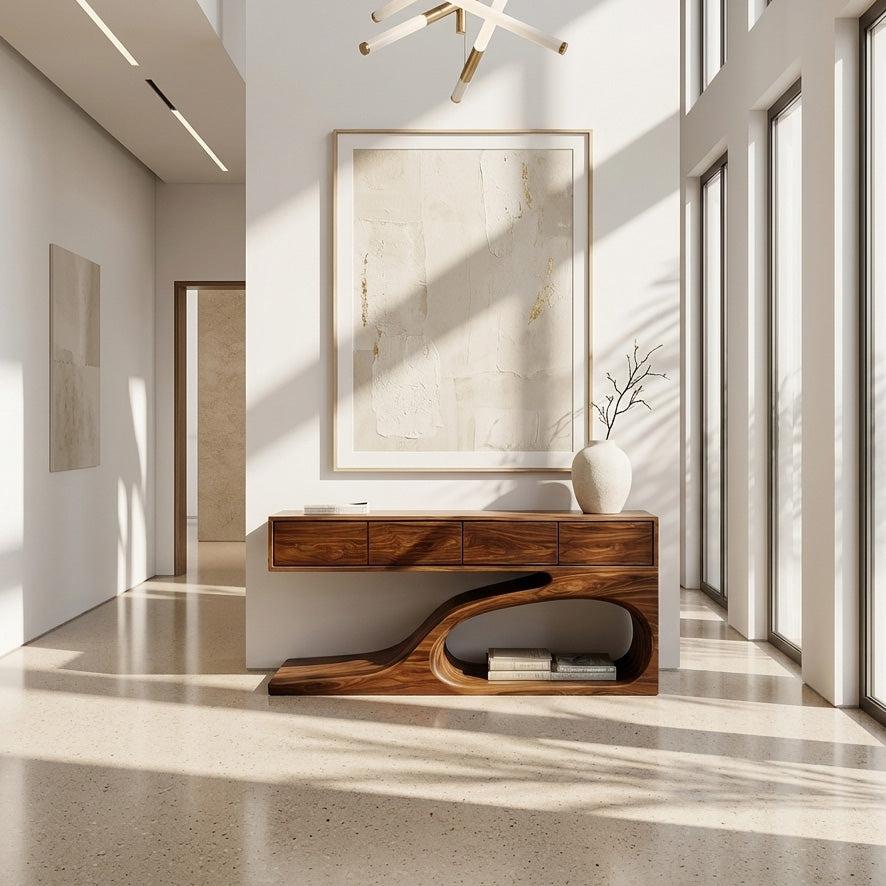 Contemporary Wooden Console Table with Unique Base, Handcrafted Entryway Table for Living Room & Hallway, Model