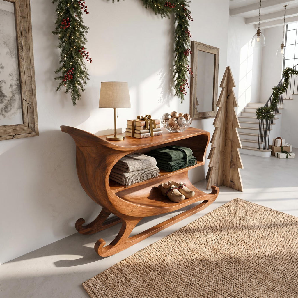Farmhouse Christmas Console Table With Sleigh Inspired Scroll Design For Entryway And Living Room