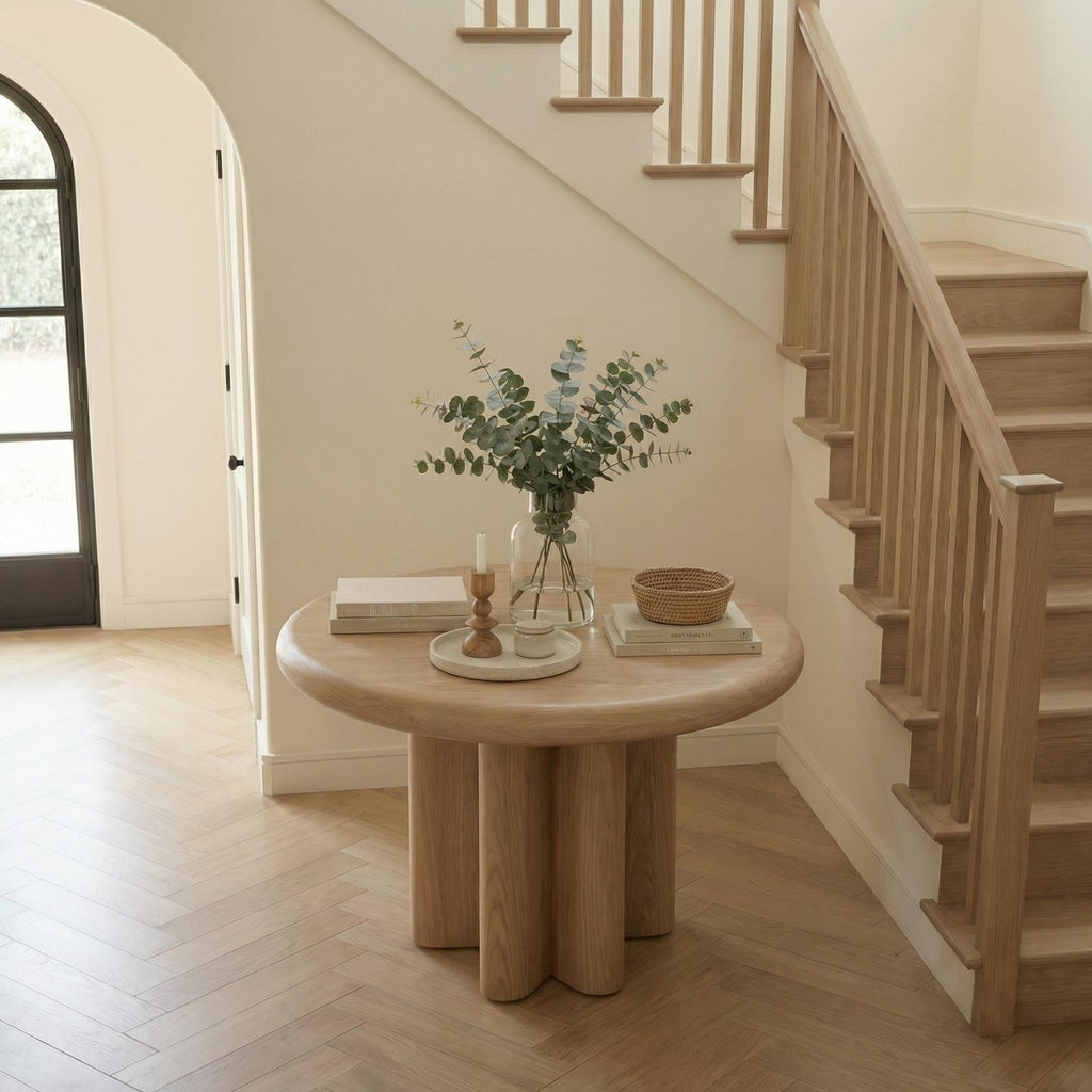 Modern Minimalist Round Entryway Foyer Table, Solid Wood Hallway Center Table for Home Decor