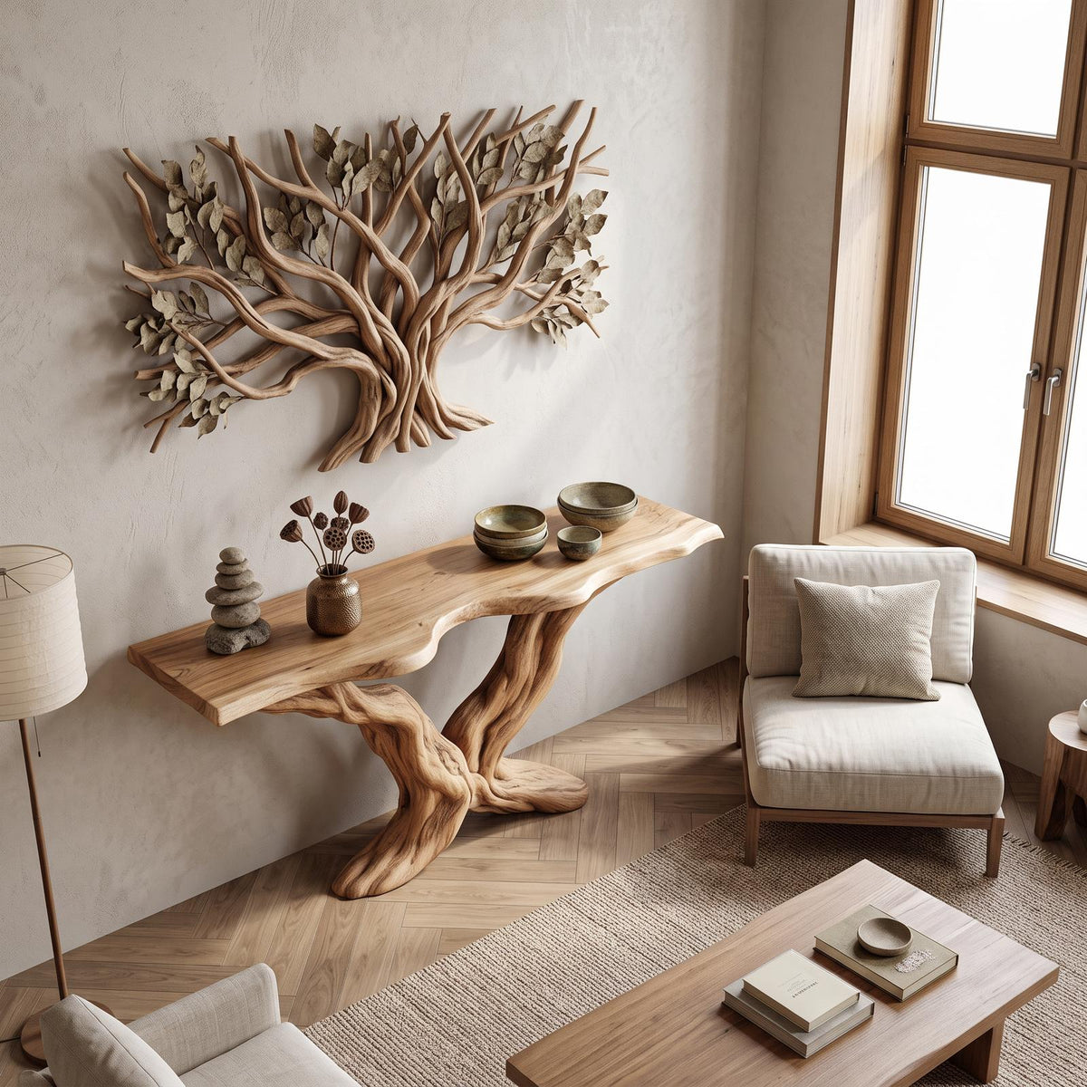Rustic Sculptural Wood Console Table, Living Room & Entryway Handcrafted Solid Wood Accent Sofa Table, Model