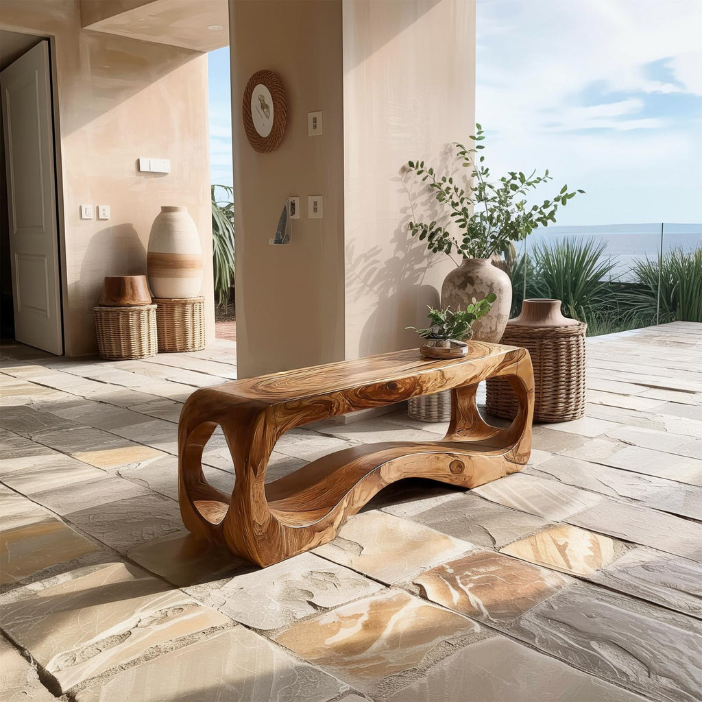 Spry Interior Rustic Sculptural Wood Bench, Handcrafted Entryway Seating & Living Room Accent Bench, SINLSARS073