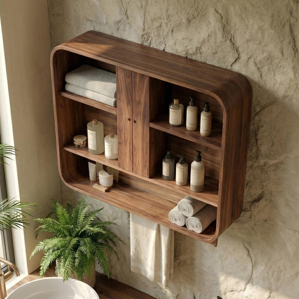 Minimalist Bathroom Cabinet, Solid Natural Wood Wall-Mounted Storage Organizer Cupboard