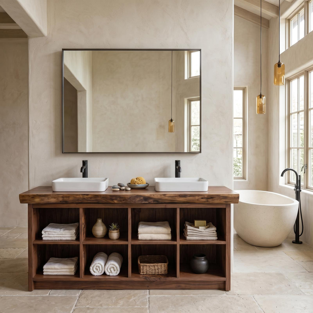 Double Sink Wood Bathroom Vanity with Open Shelves, Handcrafted Rustic Spa Style Solid Wooden Cabinet