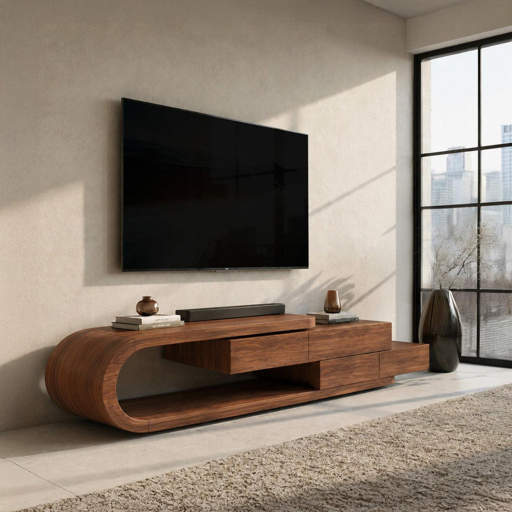 Contemporary Rounded TV Console With 2 Tiers For Living Room
