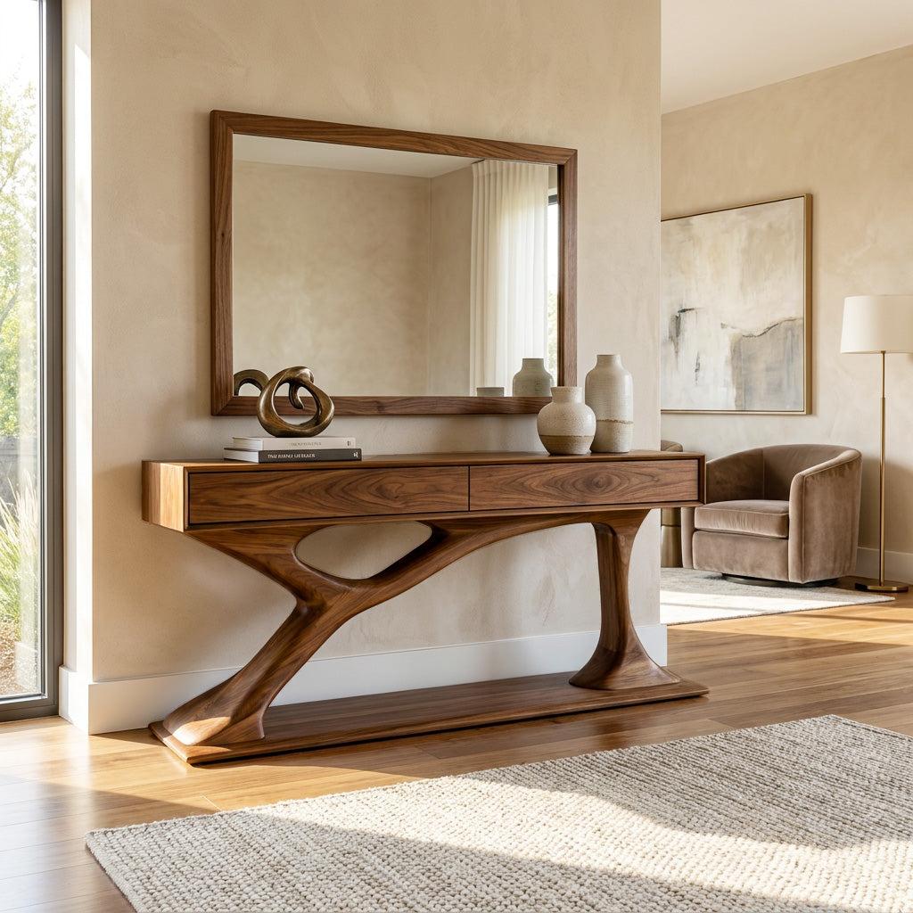 Contemporary Wooden Console Table with Sculptural Base, Handcrafted Entryway Foyer Table for Living Room, Model