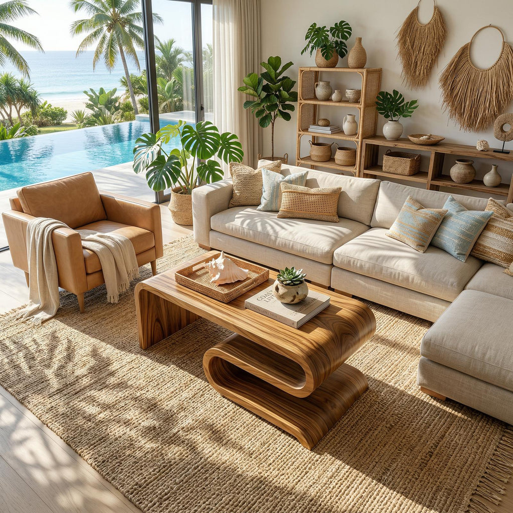 Modern Curved Solid Wood Coffee Table, Minimalist Sculptural Center Table for Living Room Lounge, Contemporary