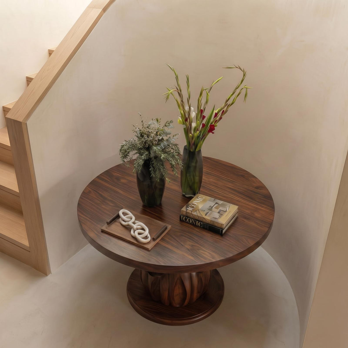 Modern Round Entryway Foyer Table, Solid Wood Unique Sculptural Base Accent Table for Hallway