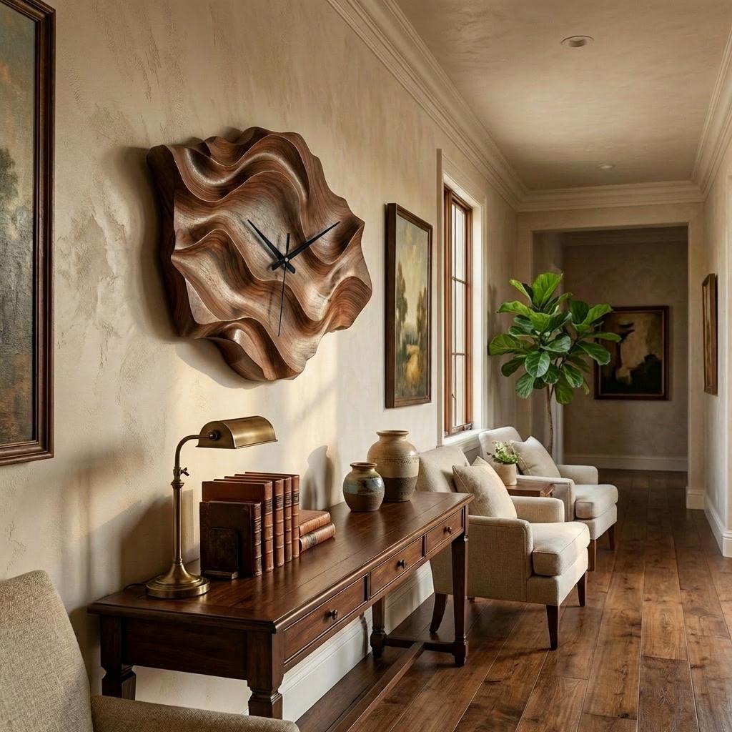 Artistic Wooden Wall Clock, Wavy Design Modern Abstract Wood Clock for Living Room & Luxury Home Decor