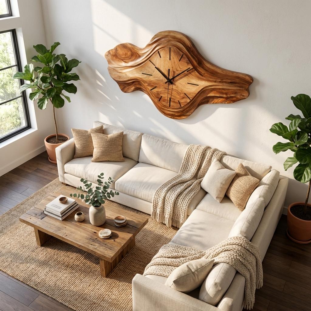 Organic Wooden Wall Clock, Sculptural Wave Design Wood Clock for Bedroom, Living Room & Office Wall Decor