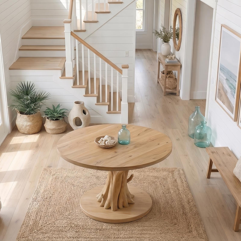 Organic Tree Base Round Entryway Table, Solid Wood Pedestal Foyer Table for Living Room, Hallway