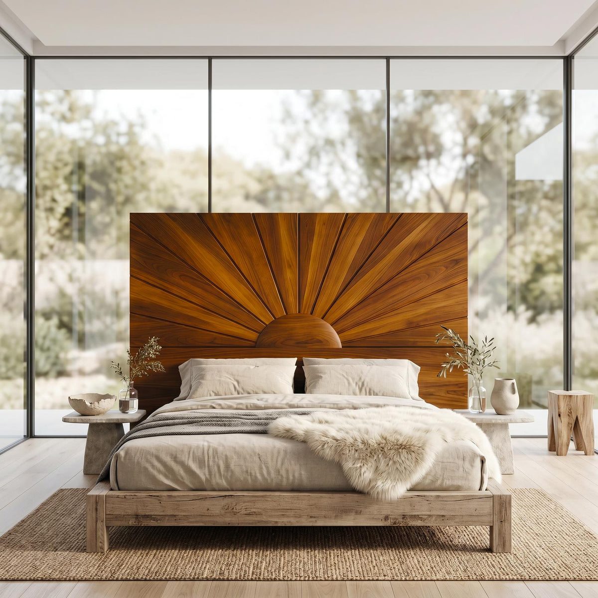 Organic Sunburst Headboard Solid Wood Bed Headboard For Bedroom SINLSAHB036
