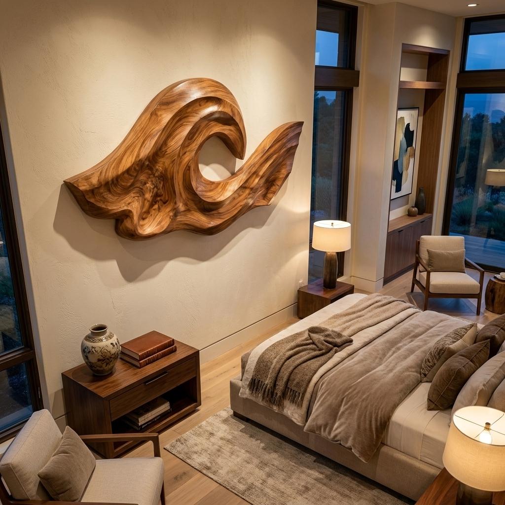 Ocean Wave Inspired Wood Wall Art, 3D Hand-Carved Coastal Wooden Sculpture Panel for Living Room Decor