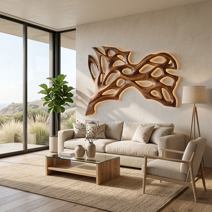 Abstract Natural Wood Wall Art, Hand Carved 3D Curved Wave Wooden Sculpture Panel Decor for Modern Home