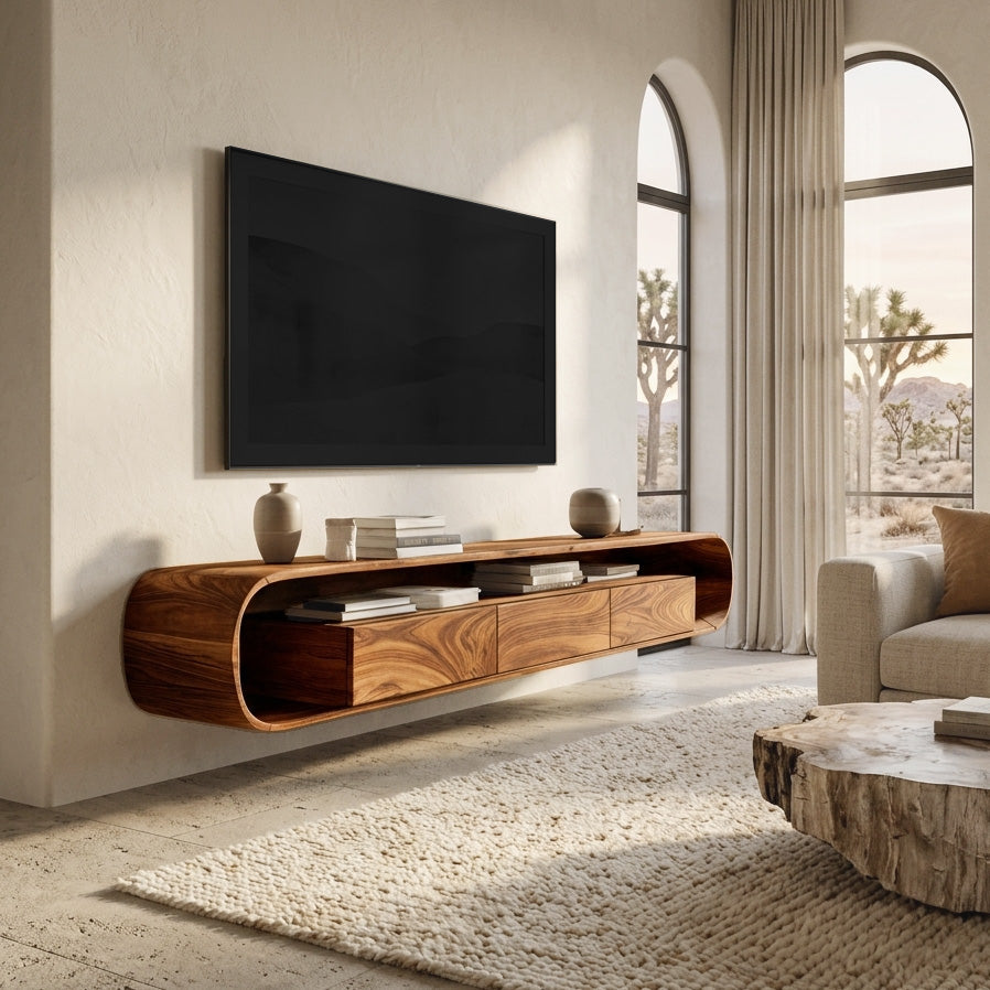 Organic Modern Floating TV Console, Wall Mounted Solid Wood Media Console Unit for Living Room