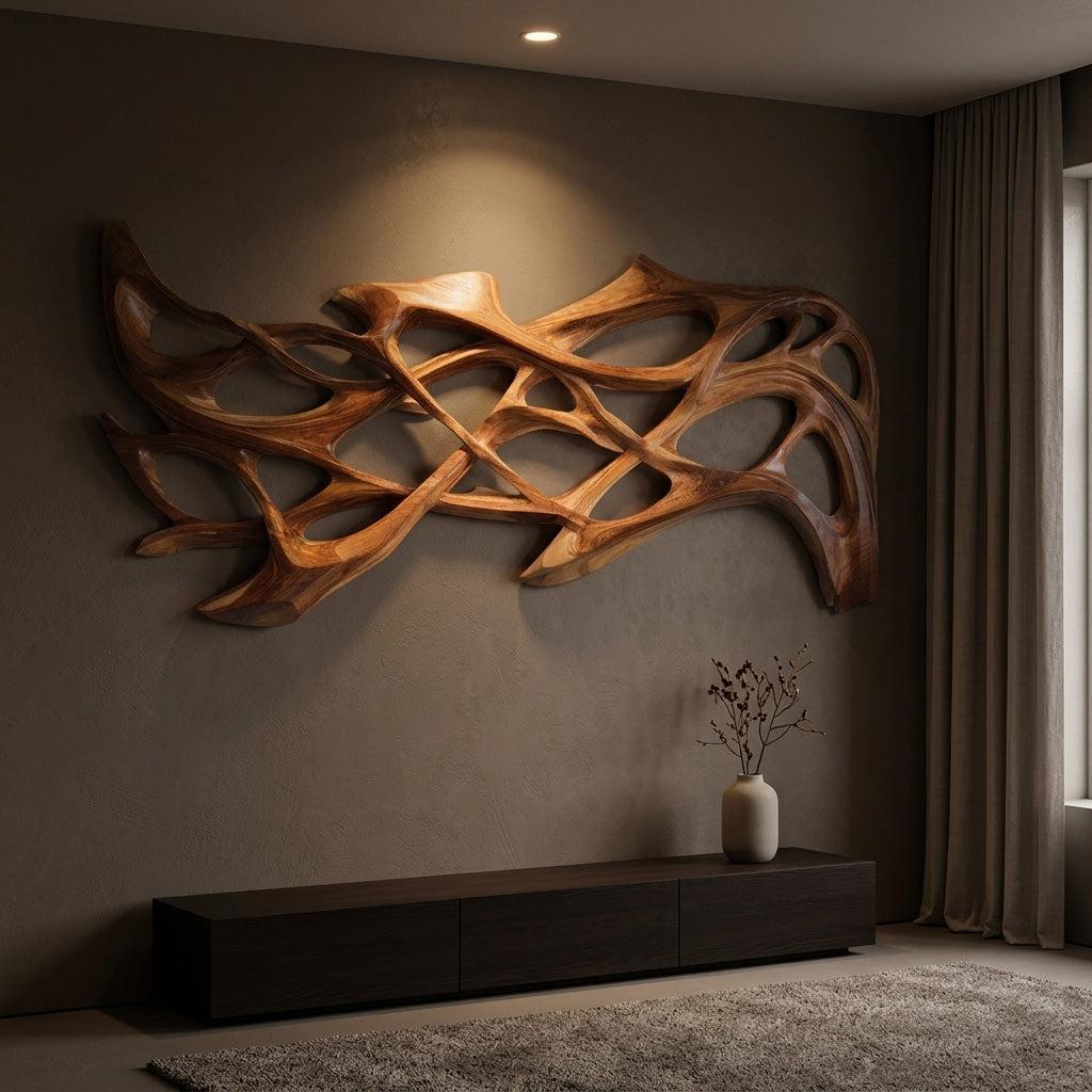 Spry Interior Organic Wood Wall Art, 3D Hand-Carved Sculptural Wooden Wall Hanging Panel Sculpture for Modern Living Room Decor, RTTHHNWA184