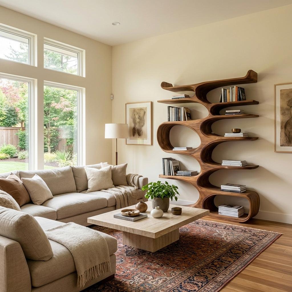 Mid-Century Natural Wood Bookshelf, Handcrafted Solid Wood Geometric Bookcase & Display Rack for Office & Living Room