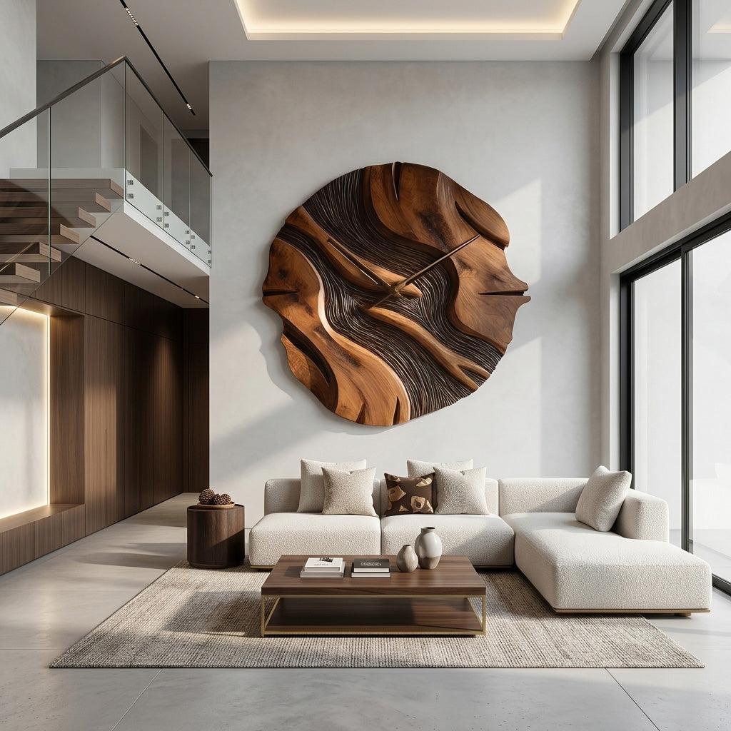 Organic Sculptural Wooden Wall Clock, Modern Abstract Hand-Carved Wood Clock for Living Room Wall Decor