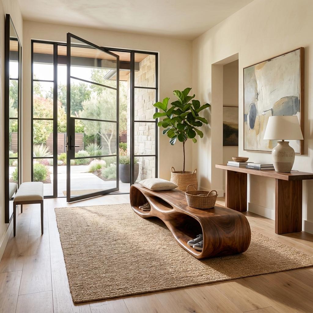 Artistic Wooden Bench, Organic Curved Shape Solid Wood Entryway Bench Seat Accent Furniture for Living Room